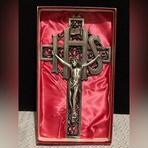 Vintage JESUS CHRIST CRUCIFIX CROSS Pierced Pewter Metal INRI 9.5” Damaged